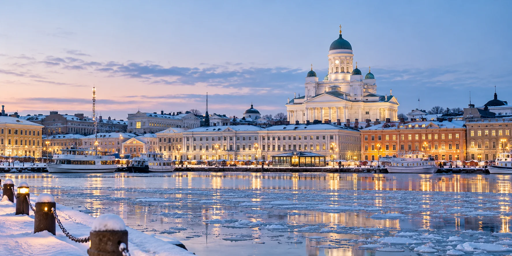 Winter view of Helsinki waterfront and cathedral