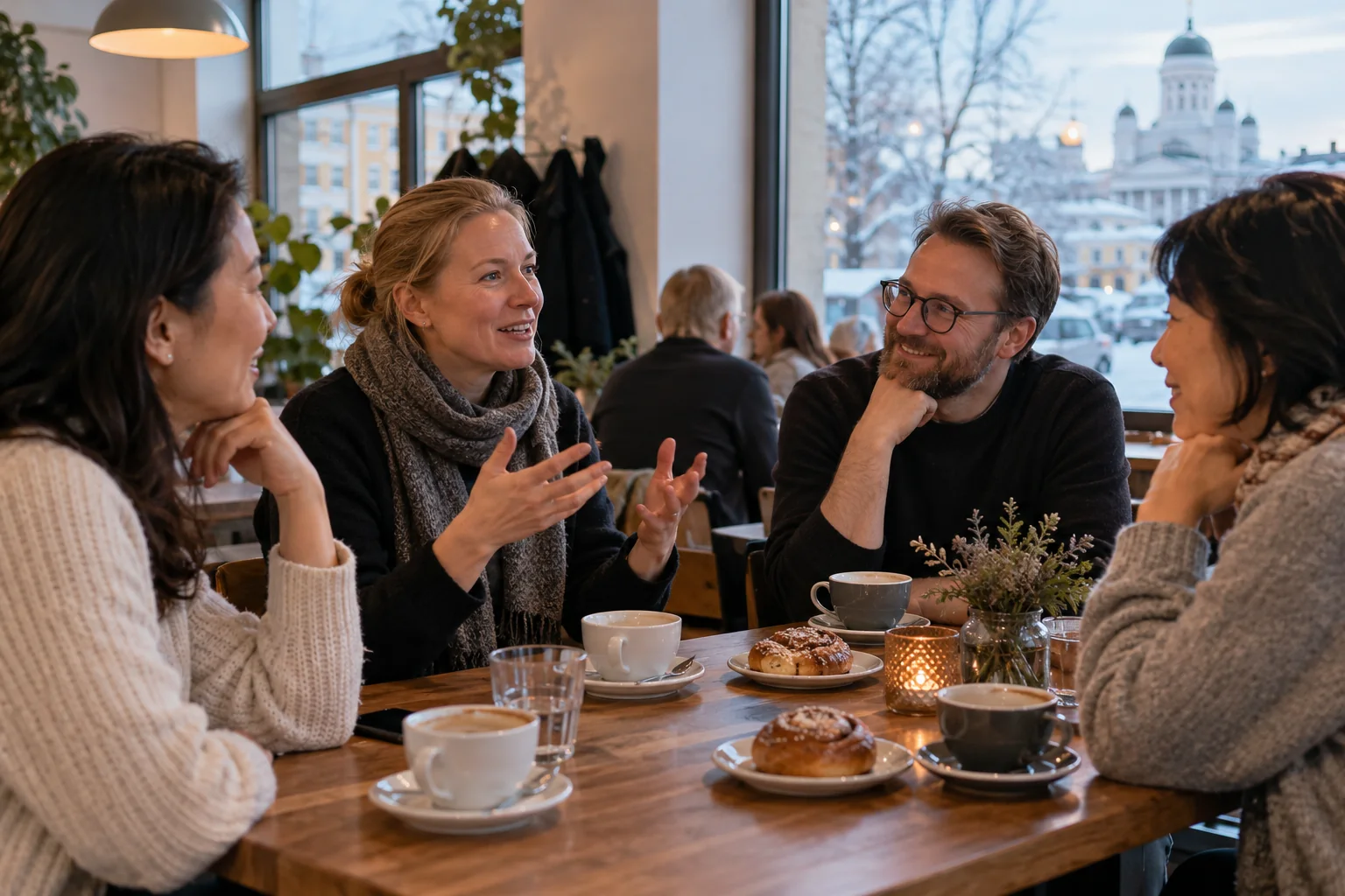 Adults talking together over coffee in a cafe