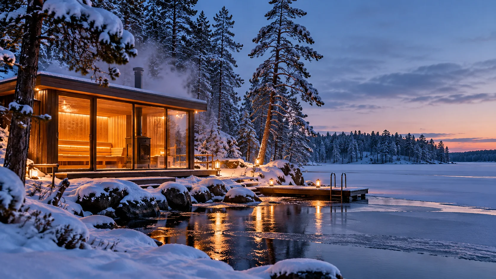 Wooden sauna beside a snowy Finnish lake at dusk